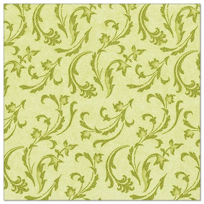 The green, square napkin 40x40 cm from the ROYAL collection of PAPSTAR GmbH is adorned with an artistic floral and vine pattern - ideal for those seeking elegant green napkins. Pack of 50, 1/4-folded.