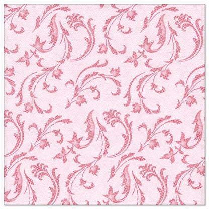 The PAPSTAR GmbH 50 napkins "ROYAL Collection," 1/4-fold, 40 x 40 cm, in fuchsia, feature a subtle, delicate pattern of stylized leaves and flowers in a darker shade of fuchsia on a light pink background.