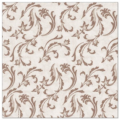 The PAPSTAR 50 napkins "ROYAL Collection" 1/4-fold 40 x 40 cm brown by PAPSTAR GmbH features a brown floral and leaf pattern with swirling tendrils and small blossoms evenly distributed across the surface.