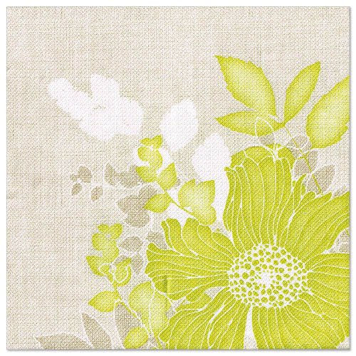 A textured beige background with a large yellow-green flower and smaller white-green accents, ideal for PAPSTAR 50 napkins "ROYAL Collection" 1/4-fold 40 x 40 cm green from PAPSTAR GmbH.