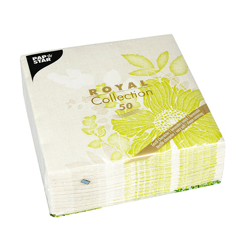 Eine Packung mit 50 PAPSTAR GmbH Servietten "ROYAL Collection" 1/4-Falz, 40 x 40 cm, in grün - perfekt für festliche Anlässe und schön verpackt.