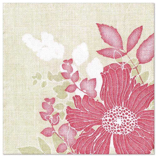 Close-up of a napkin PAPSTAR 50 "ROYAL Collection" napkins, 1/4-fold, 40 x 40 cm, in fuchsia, from PAPSTAR GmbH, set against a textured background featuring a large fuchsia-colored flower, red and white leaves, and muted green and white stems.
