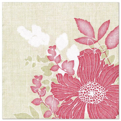 Close-up of a napkin PAPSTAR 50 "ROYAL Collection" napkins, 1/4-fold, 40 x 40 cm, in fuchsia, from PAPSTAR GmbH, set against a textured background featuring a large fuchsia-colored flower, red and white leaves, and muted green and white stems.