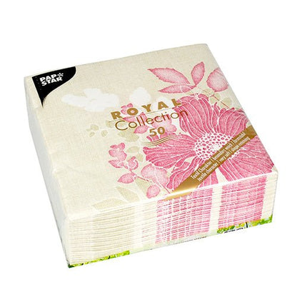 The PAPSTAR 50 "ROYAL Collection" napkins, 1/4-fold, 40 x 40 cm, in fuchsia, from the PAPSTAR GmbH offers elegant packaging with a floral design, perfect for stylish occasions.
