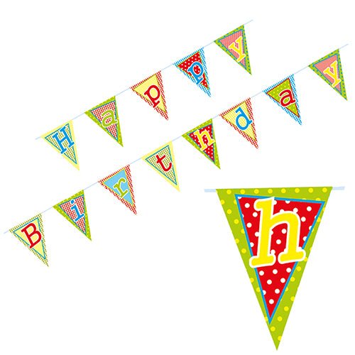 Die PAPSTAR Wimpelkette "Happy Birthday" (4 m, lackiertes Papier) der PAPSTAR GmbH besteht aus bunten Dreiecksfähnchen mit unterschiedlichen Mustern und Farben, die jeweils einen Buchstaben für "Happy Birthday" zeigen.