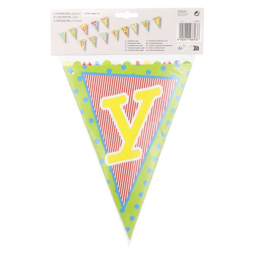 PAPSTAR GmbH Wimpelkette "Happy Birthday": 4m langes Banner in rot/weiß gestreift mit gelber Schrift und bunten Rändern - ideale Geburtstagsdekoration. Hergestellt aus lackiertem Papier, 1 Stück pro Packung.