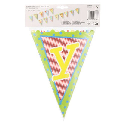 PAPSTAR GmbH Wimpelkette "Happy Birthday": 4m langes Banner in rot/weiß gestreift mit gelber Schrift und bunten Rändern - ideale Geburtstagsdekoration. Hergestellt aus lackiertem Papier, 1 Stück pro Packung.