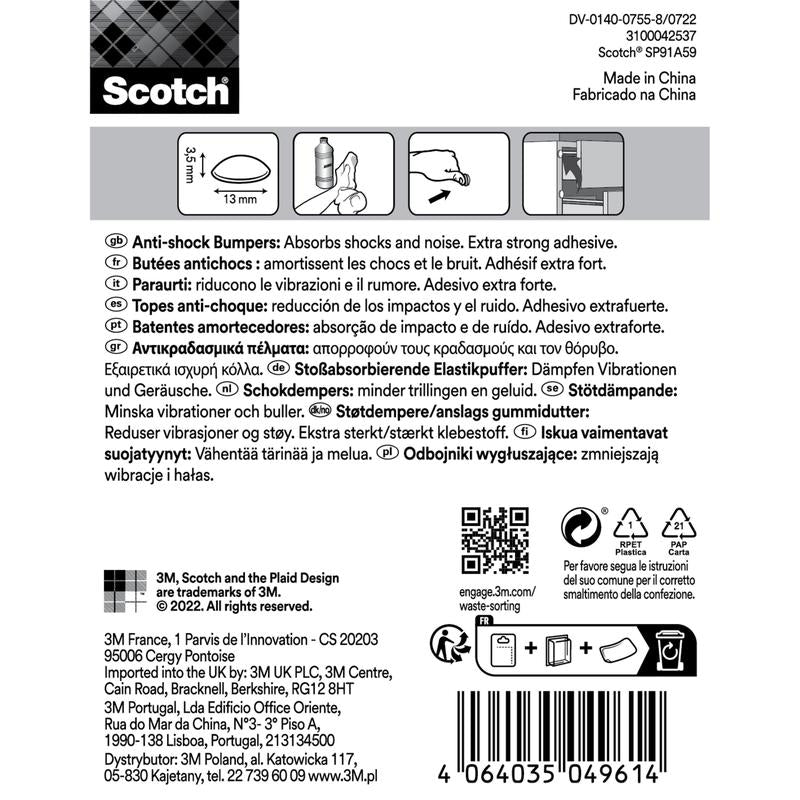The label for Scotch® shock-absorbing elastic bumpers, self-adhesive, transparent from 3M Germany GmbH contains application instructions, multilingual descriptions, safety instructions, barcode, recycling information, and manufacturing data in black on white.