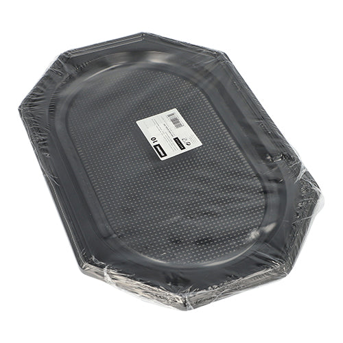 Die Starpak 10 Servierplatten, PET schwarz, sind schwarze achteckige Serviertabletts in durchsichtiger Plastikfolie mit weißem Etikett und Barcode – perfekt für Catering-Events.