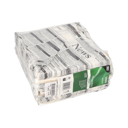 A stack of PAPSTAR 1000 cone bags, parchment substitute, greaseproof from PAPSTAR GmbH is tightly wrapped in clear plastic packaging, which has a green-white label with product information on the front.