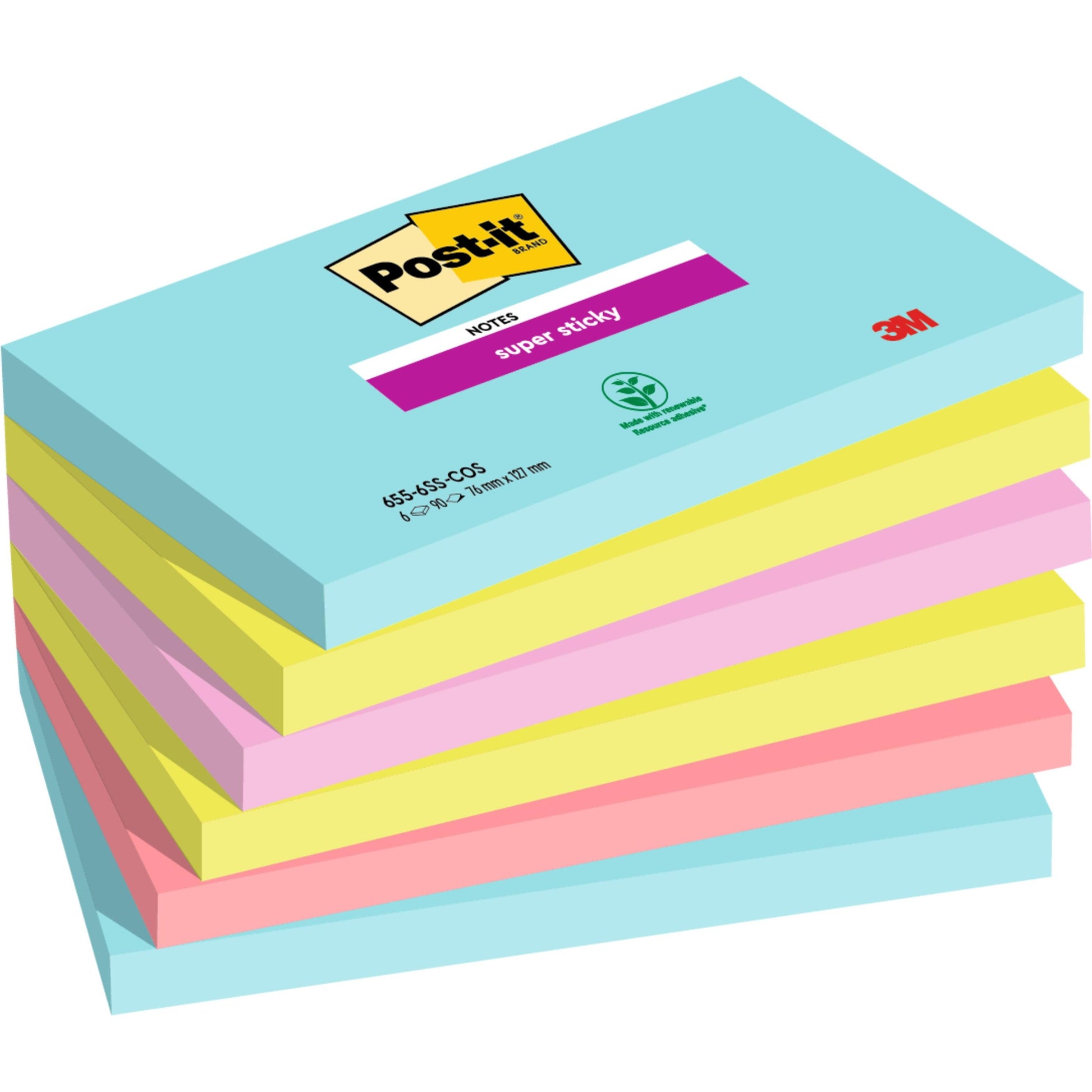 Abgebildet ist ein Stapel von sechs Post-it® Super Sticky Notes (76 mm x 127 mm, 90 Blatt/Block, 100% PEFC) der 3M Deutschland GmbH in den Farben Blau, Pink und Gelb mit sichtbarem Branding auf dem obersten Block.