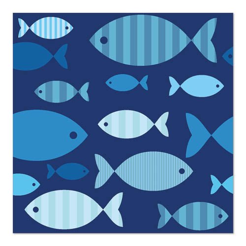 PAPSTAR 20 napkins, 33x33 cm, 3-ply from PAPSTAR GmbH in Design Set 6 feature various large blue fish with stripes and solid color on a dark blue background - creatively overlapping and loosely arranged.