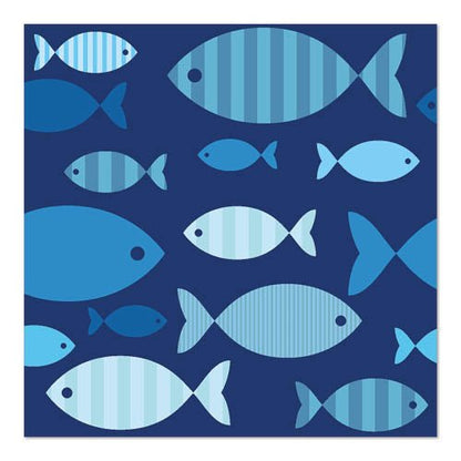 PAPSTAR 20 napkins, 33x33 cm, 3-ply from PAPSTAR GmbH in Design Set 6 feature various large blue fish with stripes and solid color on a dark blue background - creatively overlapping and loosely arranged.