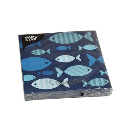 A pack of PAPSTAR 20 napkins (33x33 cm, 3-ply, 1/4 fold, Design Set 6) from PAPSTAR GmbH is packaged in plastic and features a playful blue fish pattern. The lettering "PAPSTAR" appears in the upper left corner.