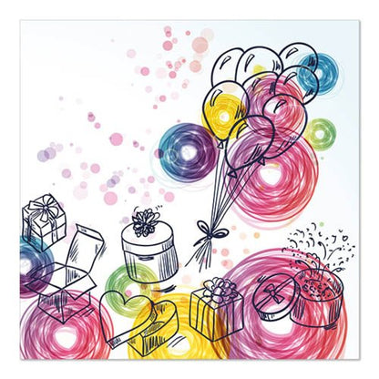 Hand-drawn balloons, gifts, hearts, party hats, candies, and colorful swirls adorn the PAPSTAR 20 napkins 33x33cm 3-ply Design Set 6 from PAPSTAR GmbH in pink, yellow, blue, and purple on a white background.