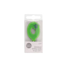 The green mini number candle by PAPSTAR GmbH with a diameter of 6.8 cm and the number zero has a purple star design and is delivered in a transparent box with the multilingual inscription "Birthday Candle" – ideal for your birthday decoration.