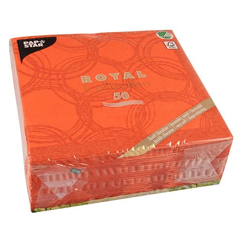 A 50-pack PAPSTAR "ROYAL Collection" Napkins (1/4-fold, 40 x 40 cm) in nectarine from PAPSTAR GmbH, packaged in clear plastic—perfect for adding an elegant touch to any table.
