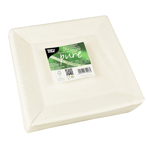 A stack of 50 white, square PAPSTAR paper plates (22.5 cm, "pure" design) from PAPSTAR GmbH in shrink wrap - ideal for eco-friendly enjoyment.