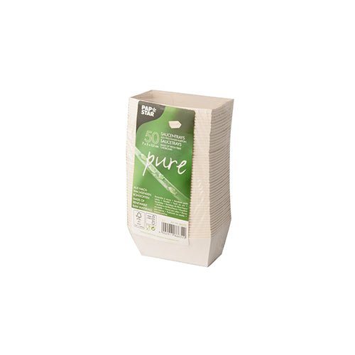 Eine Packung mit 50 weißen PAPSTAR "pure" Saucentrays (3,5x3 cm), ideal für Snacks, aus umweltfreundlichem Karton, in Schrumpffolie von PAPSTAR GmbH - perfekt für den Einsatz in der Gastronomie.