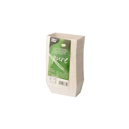 Eine Packung mit 50 weißen PAPSTAR "pure" Saucentrays (3,5x3 cm), ideal für Snacks, aus umweltfreundlichem Karton, in Schrumpffolie von PAPSTAR GmbH - perfekt für den Einsatz in der Gastronomie.