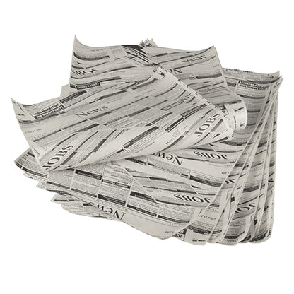 Ein Stapel PAPSTAR Einschlagpapiere, Pergament-Ersatz 35 cm x 25 cm fettdicht von der PAPSTAR GmbH, unordentlich angeordnet mit „NEWS“ und „JOBS“ in Schwarz auf weißen Blättern.