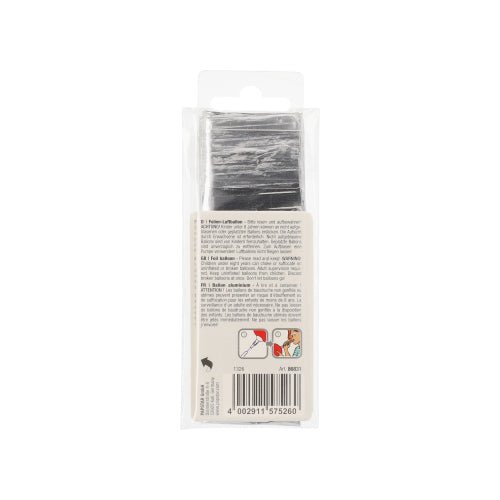 Auf der Rückseite der ungeöffneten Verpackung des PAPSTAR Folienluftballons 35cm x 20cm silber der PAPSTAR GmbH sind Klebequadrate, eine Anleitung, ein Barcode und eine Anwendungsabbildung abgebildet.
