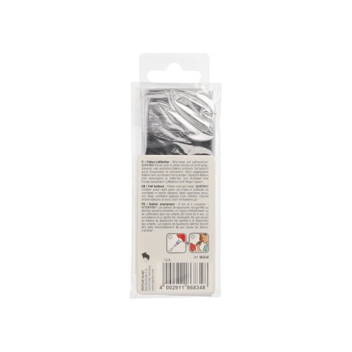 Die Rückseite der Verpackung des PAPSTAR Folienluftballons 35 cm x 20 cm silber der PAPSTAR GmbH zeigt einen schwarzen Artikel im Inneren, eine aufgedruckte Anleitung, im unteren Bereich zwei Anwendungsbilder und unten einen Barcode.