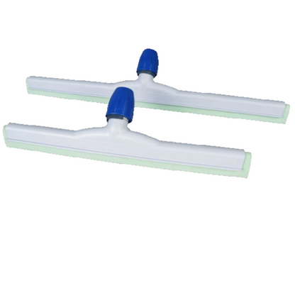 Two Vileda Professional Hygiene water squeegees - 45 cm from Vileda GmbH, in white-green design with blue handles, are neatly placed side by side. These HACCP-compliant tools, equipped with color-coded attachments, are expertly crafted for cleaning purposes to ensure excellent hygiene practices.