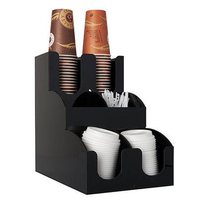 The Starpak dispenser for drinking cups and lids "To Go" (2 boxes) is a black countertop organizer that holds brown paper cups, white plastic lids, and coffee stirrers in separate compartments.