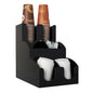 The Starpak dispenser for drinking cups and lids "To Go" (2 boxes) is a black countertop organizer that holds brown paper cups, white plastic lids, and coffee stirrers in separate compartments.