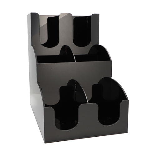 The Starpak dispenser for drinking cups and lids "To Go" is a black, three-tier acrylic organizer with six open compartments in two columns - perfect for neatly presenting and distributing cups, lids, brochures, or leaflets.
