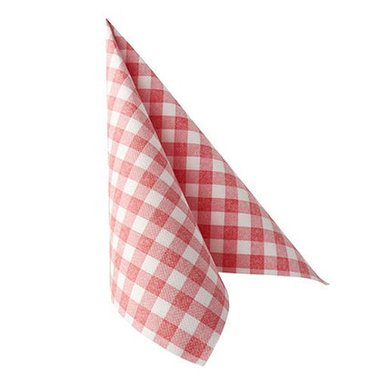 The red napkin PAPSTAR 50 napkins "ROYAL Collection" 1/4-fold 40 x 40 cm from PAPSTAR GmbH is folded into a triangle and stands upright against a white background.