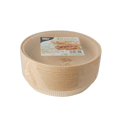 A stack of PAPSTAR 25 baking molds "pure" round brown from PAPSTAR GmbH, wrapped in plastic. The top label shows a picture of food and the main product information.