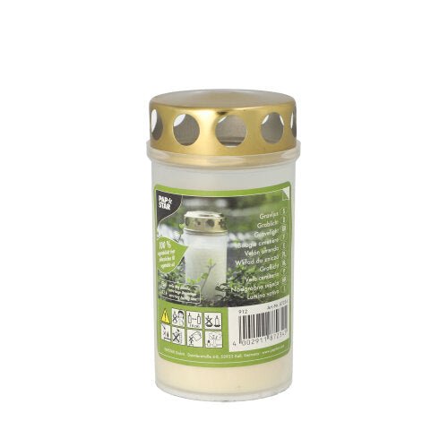 Das PAPSTAR Öl-Licht T3 (1 Stück) der PAPSTAR GmbH ist eine weiße Kerze aus 100% Pflanzenfett in einem klaren Behälter mit goldenem Lochdeckel und mehrsprachigem Etikett - perfekt für Gedenkfeiern und umweltfreundliche Außenbeleuchtung.