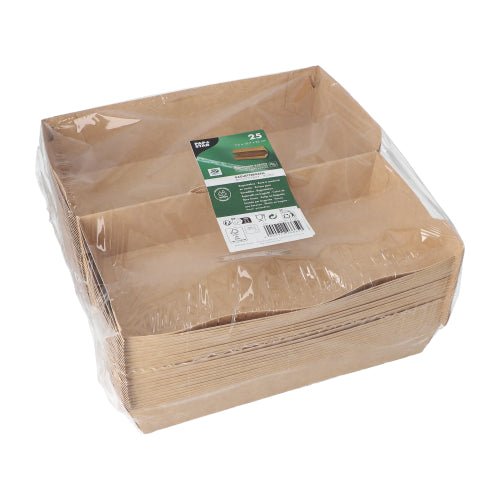 Ein Stapel brauner PAPSTAR Baguetteboxen "pure" (7,5 x 10,7 x 22 cm) der PAPSTAR GmbH ist in klarem Kunststoff verpackt; das obere Etikett für 25 Schalen zeigt ein grün-weißes Branding, Recycling-Symbole und die umweltfreundliche Botschaft "100% Fair | Folie".