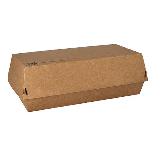 Eine geschlossene, rechteckige PAPSTAR Baguetteboxen "pure", braun (7,5x10,7x22 cm) aus umweltfreundlicher Pappe mit Klappdeckel von PAPSTAR GmbH liegt auf weißem Hintergrund.