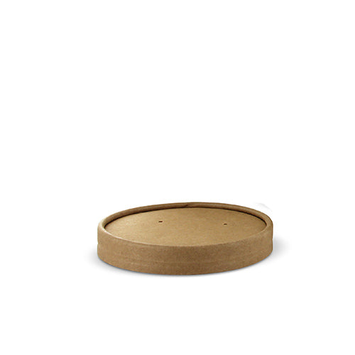 The PAPSTAR 25 lid for cardboard soup cups is round, brown, and flat, has two small holes, and is placed on a white background. The eco-friendly lid from the brand PAPSTAR GmbH is ideal for various applications.