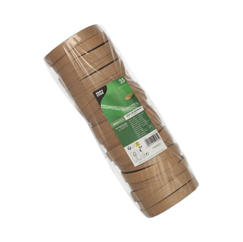 A stack of 25 round cardboard soup cup lids from PAPSTAR GmbH, wrapped in clear foil, with green and white labeling on the packaging.