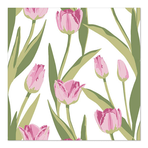 Illustration von rosa blühenden Tulpen mit grünen Blättern auf Weiß, ideal als wiederholbare Vorlage für PAPSTAR 20 Servietten, 33cm x 33cm 3lagig 1/4-Falz Design Set 1 von PAPSTAR GmbH.