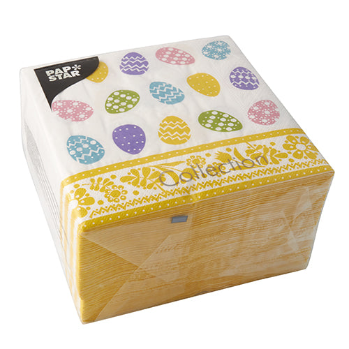 A pack of 100 PAPSTAR napkins in 3-ply 1/4-fold (33 x 33 cm) from PAPSTAR GmbH features colorful Easter egg patterns and a yellow floral border, wrapped in clear foil and bears the 'PAPSTAR' logo in the upper corner.
