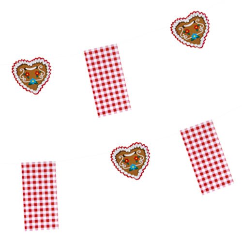 The PAPSTAR "Hüttengaudi" Paper Flag Garland (4 m) from the PAPSTAR GmbH is a festive party decoration featuring red-and-white checkered flags and heart-shaped gingerbread motifs decorated with white and blue icing. The background is solid white.