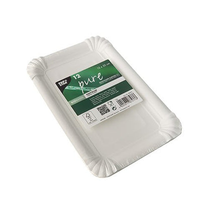 A pack of 12 rectangular white PAPSTAR "pure" disposable plates (13x20 cm) for parties, with a raised edge and rounded corners, by PAPSTAR GmbH. Eco-friendly, shrink-wrapped packaging with recycling symbols on the label.