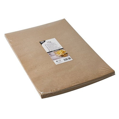 Ein Stapel PAPSTAR Einschlagpapiere, Pergament-Ersatz 35x25 cm fettdicht Blätter der PAPSTAR GmbH in einer Kunststoffverpackung mit einem weißen Etikett mit der Marke, Gebrauchsanweisungen und einem Lebensmittelbild.