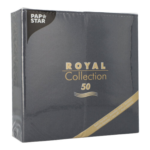 Eine dunkelgraue Verpackung der PAPSTAR GmbH mit der Aufschrift „ROYAL Collection 50“ und gold-weißem Text enthält 50 Servietten (1/8-Falz, 40x40 cm) für eine elegante Tischdekoration, eingeschweißt in Klarsichtfolie.