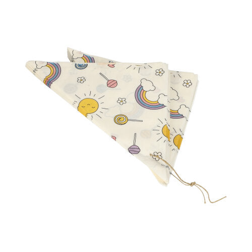A folded triangular cloth with string, featuring playful sun, rainbow, cloud, lollipop, and flower patterns on white, inspired by PAPSTAR 1000 cone bags parchment substitute greaseproof from PAPSTAR GmbH.