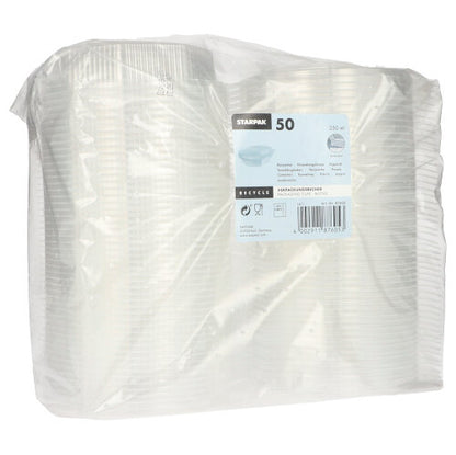 Eine durchsichtige Kunststoffverpackung enthält 50 Starpak 8-eckige transparente PP-Einwegbecher mit Klappdeckel. Das Etikett enthält die Marke Starpak, Produktdetails und Recyclinginformationen in mehreren Sprachen.