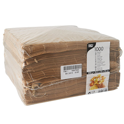 A pack of 1000 PAPSTAR cone bags (parchment substitute, greaseproof) from PAPSTAR GmbH - perfect for gastronomy or fries packaging, shrink-wrapped in clear plastic with a white info label.