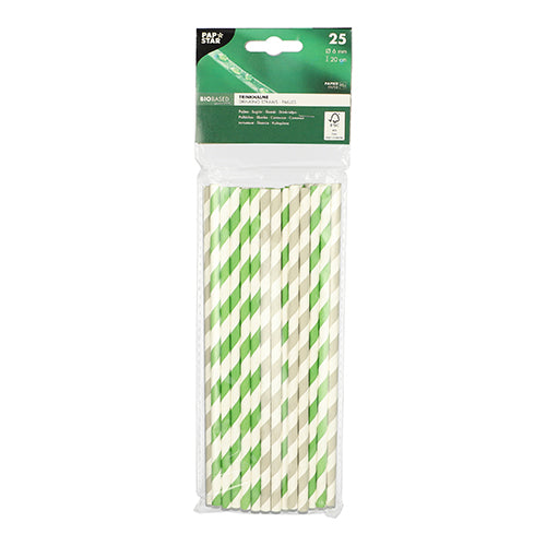 A clear packaging from PAPSTAR GmbH contains 25 black-and-white striped paper straws (Ø 6 mm, 20 cm), marked as eco-friendly.