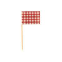 The PAPSTAR 200 decorative picks, 8 cm, the PAPSTAR GmbH is a small wooden toothpick with a red-and-white checkered flag, ideal for finger food or catering, shown in isolation against a white background.