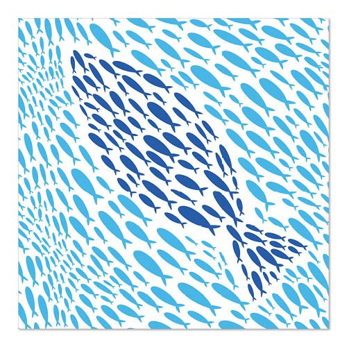 Small blue fish form a larger fish in various shades of blue on a white background. This motif adorns the 20 napkins, 33 cm x 33 cm, 3-ply, Design Set 6 from PAPSTAR GmbH and brings charm to the set table.